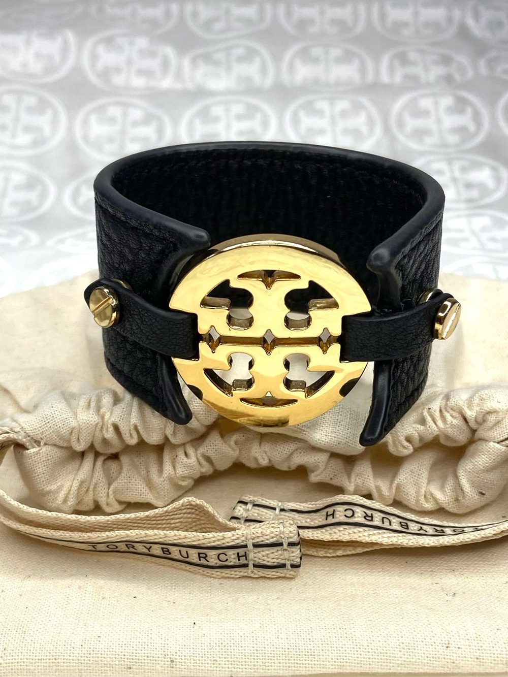 Tory Burch Black Leather Bracelet with Gold Logo Hardware - Picture 1 of 5